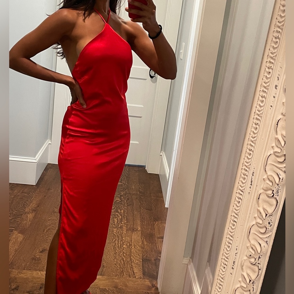 Red satin midi dress